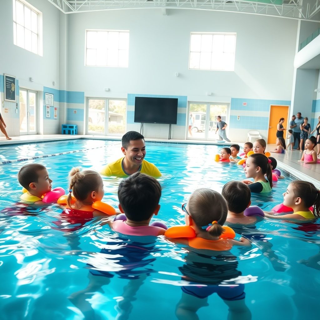 Children and adults enjoying swimming lessons