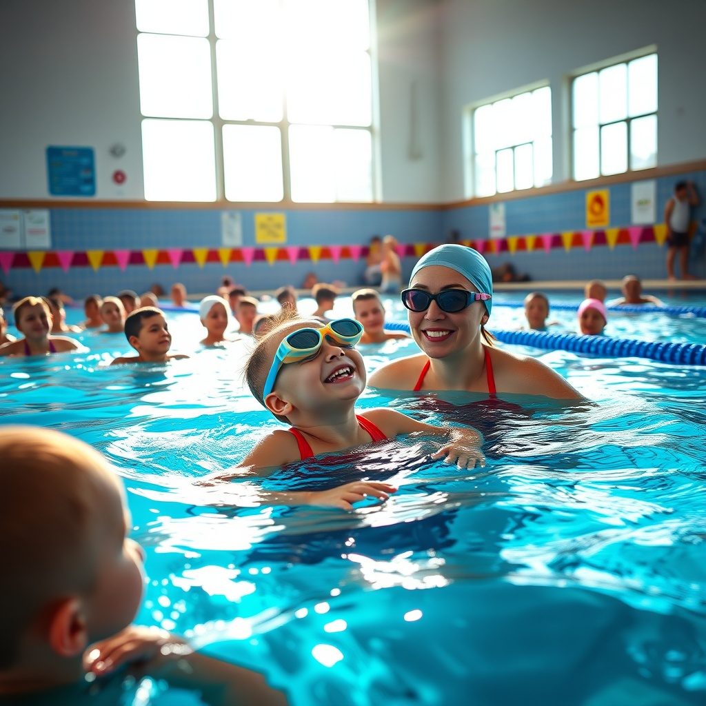 Children and adults enjoying swimming lessons