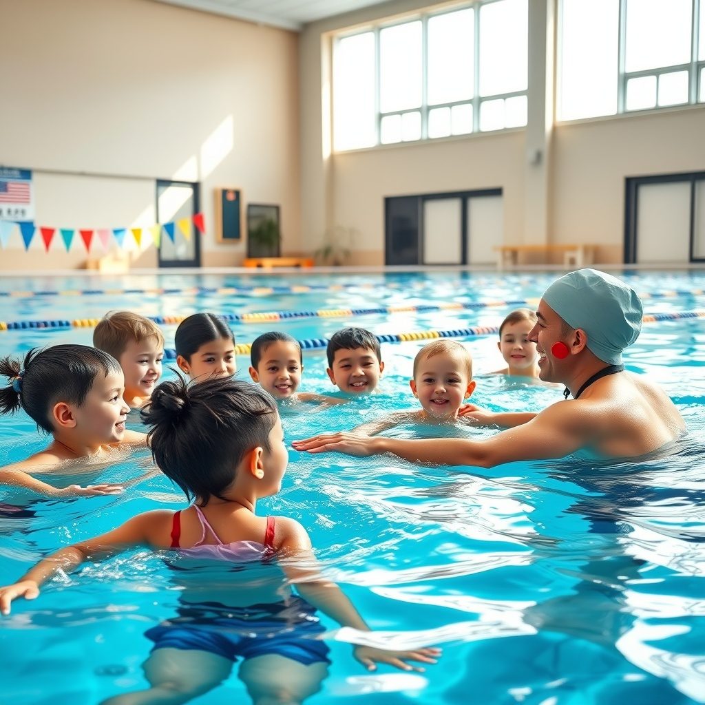 Happy swimming instructors with students